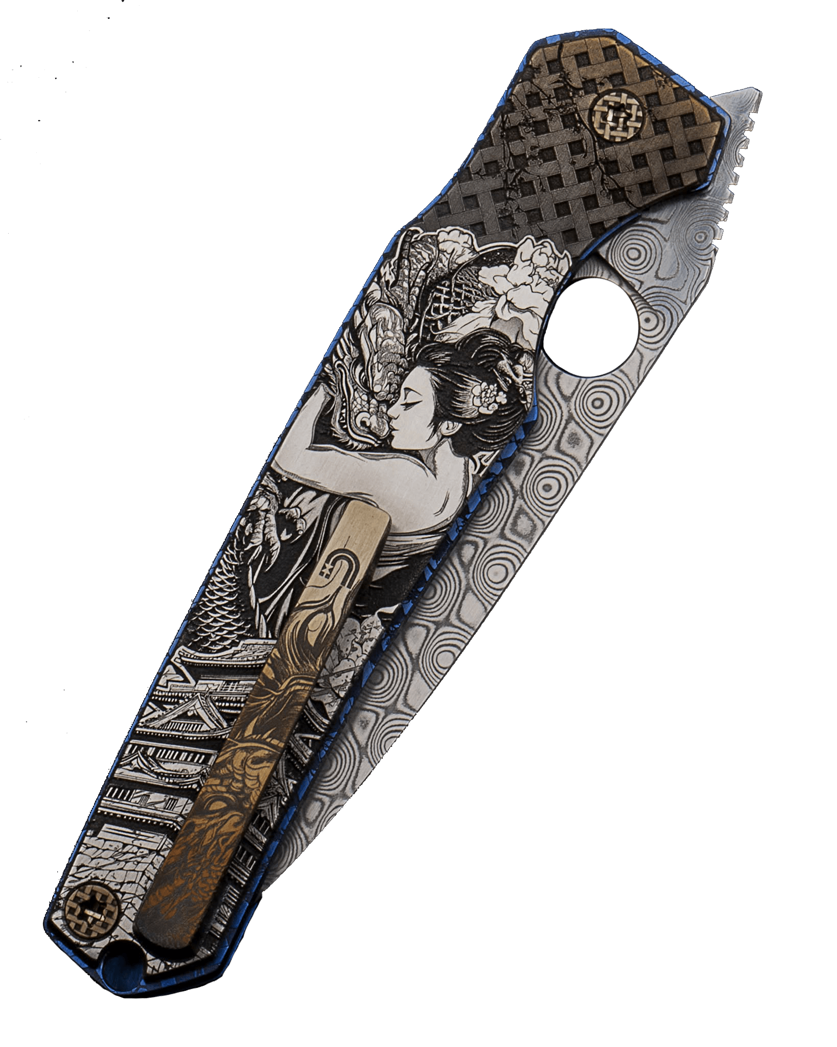 Hand-forged titanium-Damascus knife with an engraved geisha motif